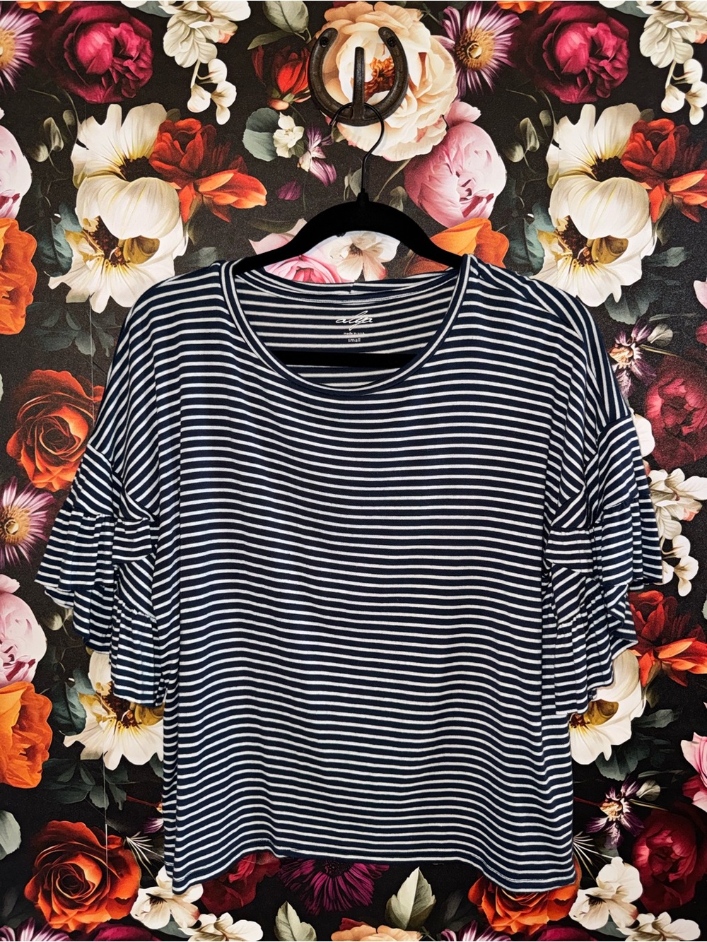 Alya Women’s Navy & White Striped Ruffle Sleeve Top, Small